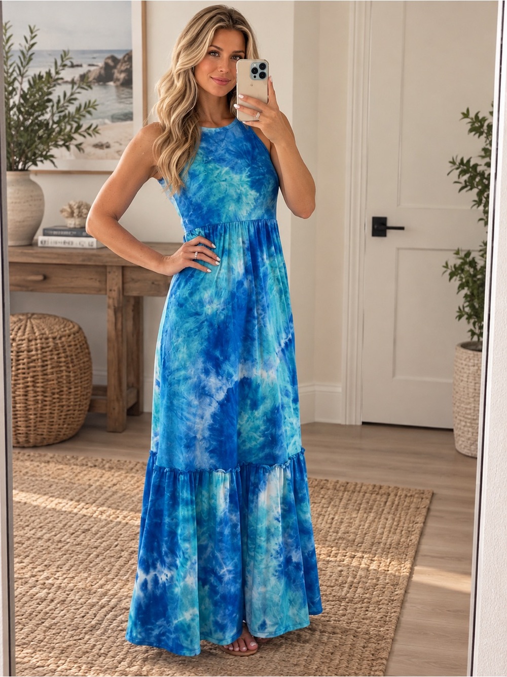 Blue Tie-Dye Spaghetti Strap Maxi Dress